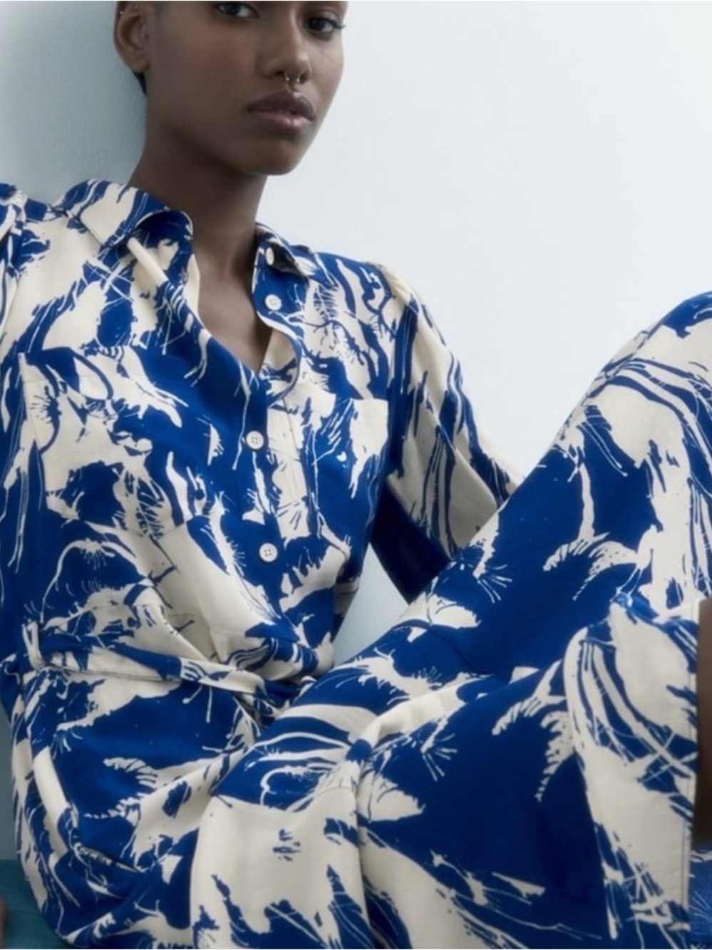 ZARA Blue & Cream Print Shirt style belted maxi dress